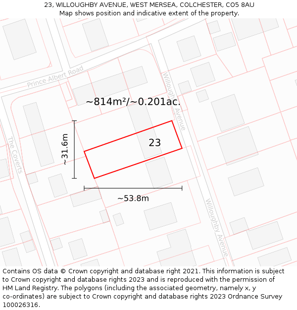 23, WILLOUGHBY AVENUE, WEST MERSEA, COLCHESTER, CO5 8AU: Plot and title map