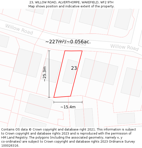 23, WILLOW ROAD, ALVERTHORPE, WAKEFIELD, WF2 9TH: Plot and title map