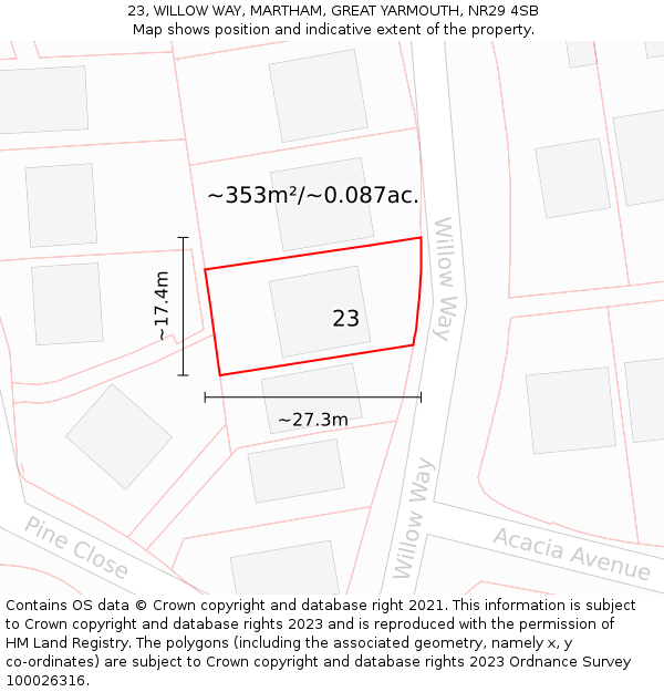 23, WILLOW WAY, MARTHAM, GREAT YARMOUTH, NR29 4SB: Plot and title map