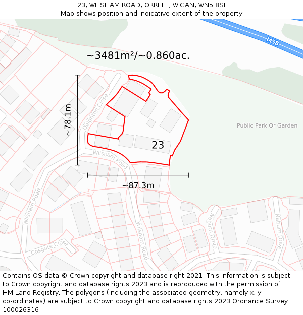 23, WILSHAM ROAD, ORRELL, WIGAN, WN5 8SF: Plot and title map