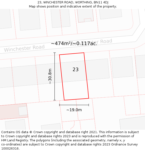 23, WINCHESTER ROAD, WORTHING, BN11 4DJ: Plot and title map