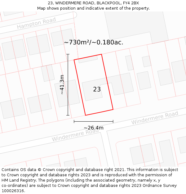 23, WINDERMERE ROAD, BLACKPOOL, FY4 2BX: Plot and title map