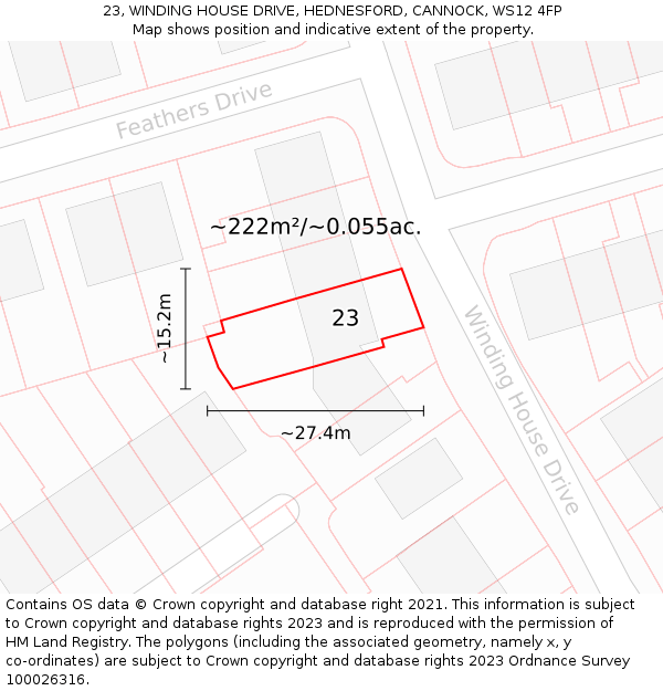 23, WINDING HOUSE DRIVE, HEDNESFORD, CANNOCK, WS12 4FP: Plot and title map