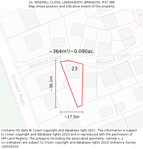 23, WINDMILL CLOSE, LAKENHEATH, BRANDON, IP27 9BF: Plot and title map