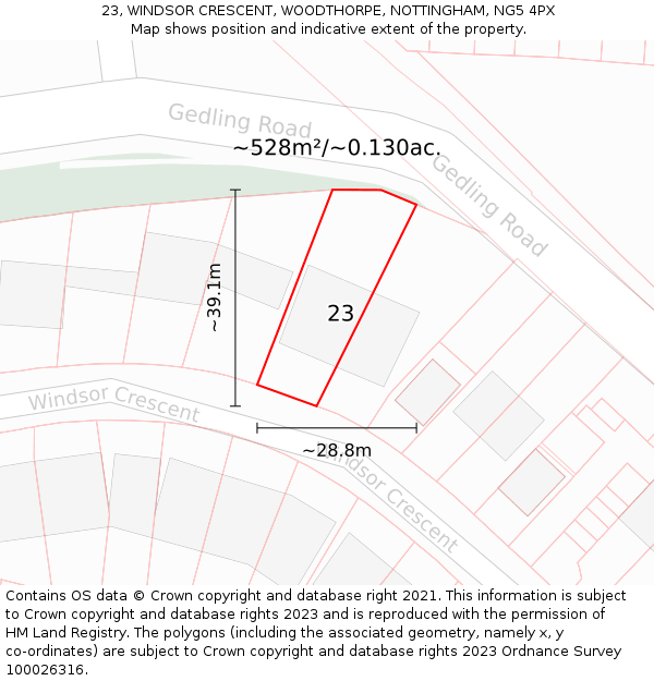 23, WINDSOR CRESCENT, WOODTHORPE, NOTTINGHAM, NG5 4PX: Plot and title map