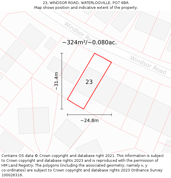 23, WINDSOR ROAD, WATERLOOVILLE, PO7 6BA: Plot and title map