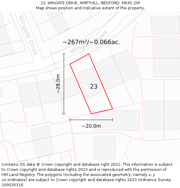 23, WINGATE DRIVE, AMPTHILL, BEDFORD, MK45 2XF: Plot and title map