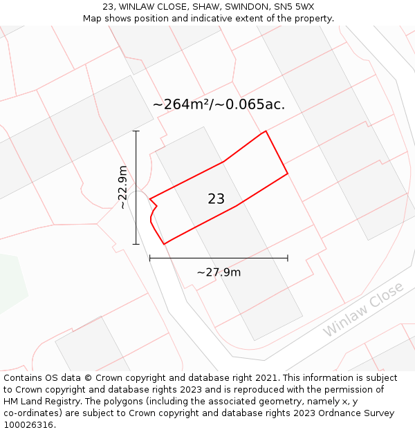 23, WINLAW CLOSE, SHAW, SWINDON, SN5 5WX: Plot and title map