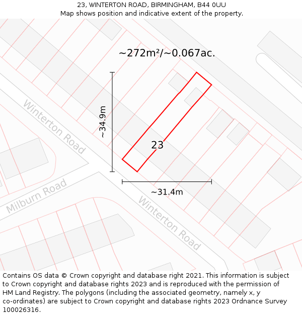 23, WINTERTON ROAD, BIRMINGHAM, B44 0UU: Plot and title map