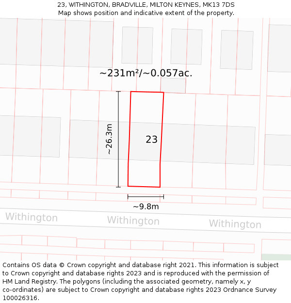 23, WITHINGTON, BRADVILLE, MILTON KEYNES, MK13 7DS: Plot and title map