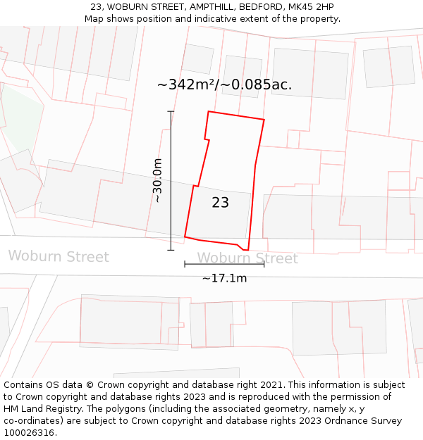 23, WOBURN STREET, AMPTHILL, BEDFORD, MK45 2HP: Plot and title map