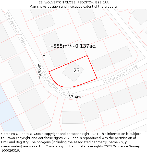 23, WOLVERTON CLOSE, REDDITCH, B98 0AR: Plot and title map