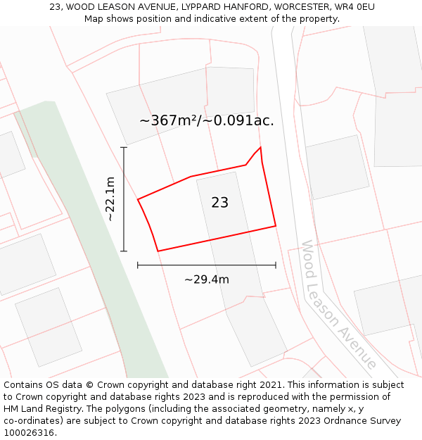 23, WOOD LEASON AVENUE, LYPPARD HANFORD, WORCESTER, WR4 0EU: Plot and title map