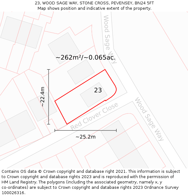 23, WOOD SAGE WAY, STONE CROSS, PEVENSEY, BN24 5FT: Plot and title map