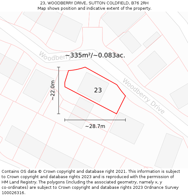 23, WOODBERRY DRIVE, SUTTON COLDFIELD, B76 2RH: Plot and title map