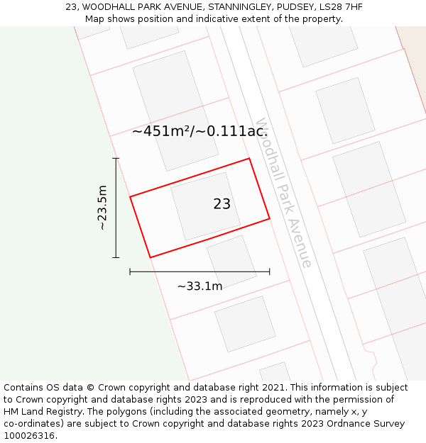 23, WOODHALL PARK AVENUE, STANNINGLEY, PUDSEY, LS28 7HF: Plot and title map