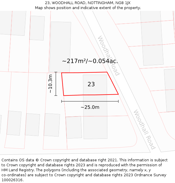 23, WOODHALL ROAD, NOTTINGHAM, NG8 1JX: Plot and title map