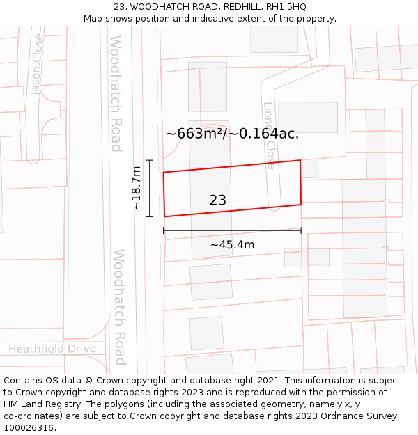23, WOODHATCH ROAD, REDHILL, RH1 5HQ: Plot and title map
