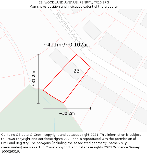 23, WOODLAND AVENUE, PENRYN, TR10 8PG: Plot and title map