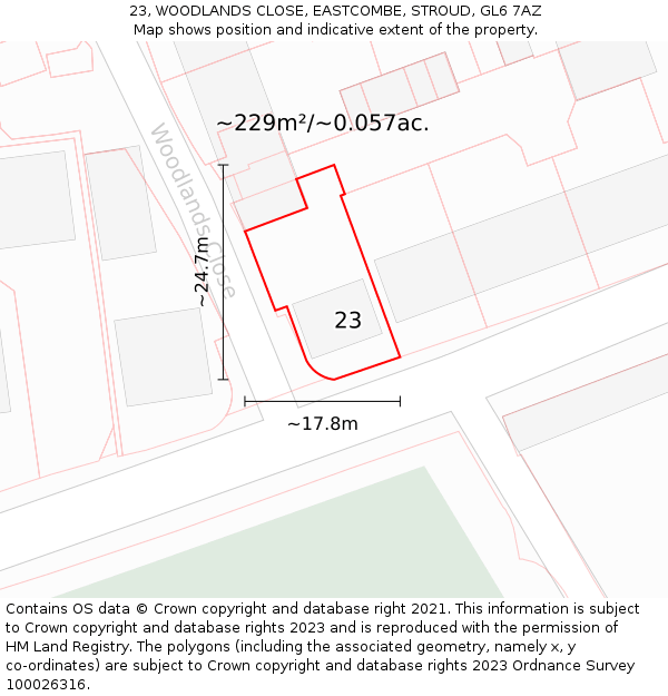 23, WOODLANDS CLOSE, EASTCOMBE, STROUD, GL6 7AZ: Plot and title map