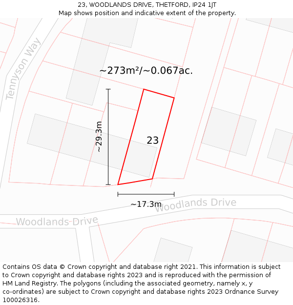 23, WOODLANDS DRIVE, THETFORD, IP24 1JT: Plot and title map