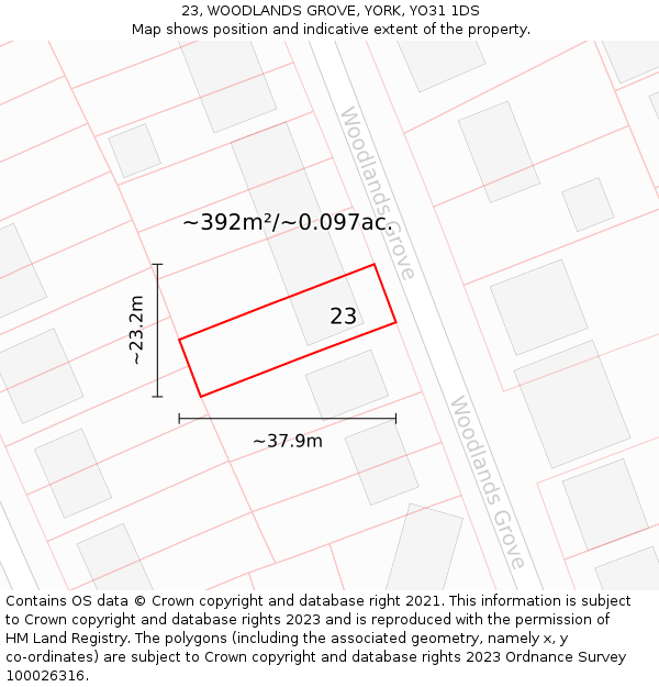 23, WOODLANDS GROVE, YORK, YO31 1DS: Plot and title map