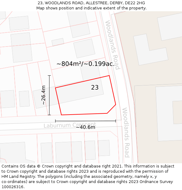 23, WOODLANDS ROAD, ALLESTREE, DERBY, DE22 2HG: Plot and title map