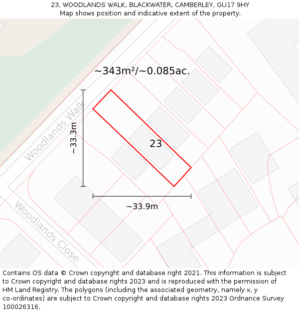 23, WOODLANDS WALK, BLACKWATER, CAMBERLEY, GU17 9HY: Plot and title map