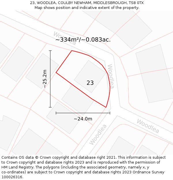 23, WOODLEA, COULBY NEWHAM, MIDDLESBROUGH, TS8 0TX: Plot and title map