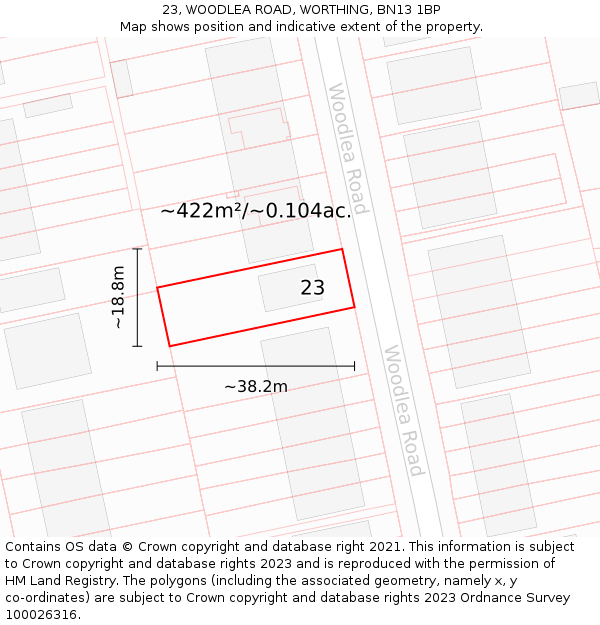 23, WOODLEA ROAD, WORTHING, BN13 1BP: Plot and title map