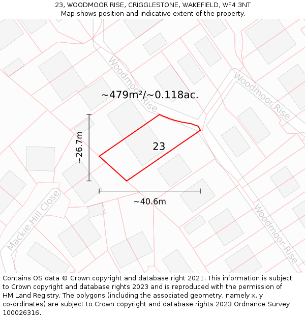 23, WOODMOOR RISE, CRIGGLESTONE, WAKEFIELD, WF4 3NT: Plot and title map