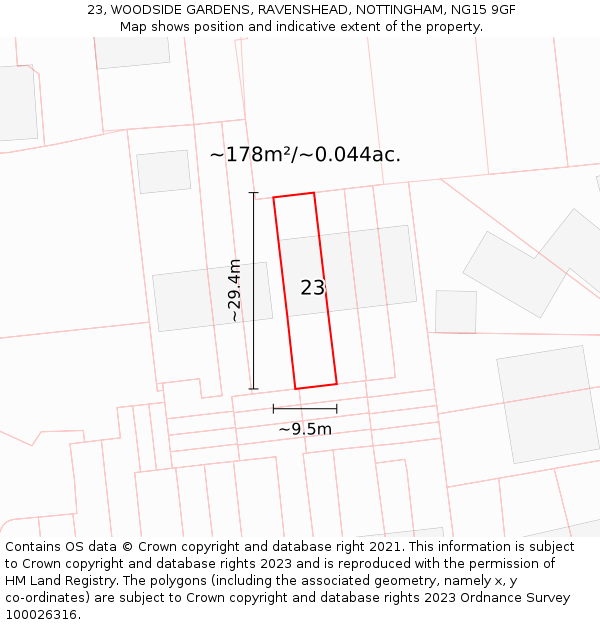 23, WOODSIDE GARDENS, RAVENSHEAD, NOTTINGHAM, NG15 9GF: Plot and title map