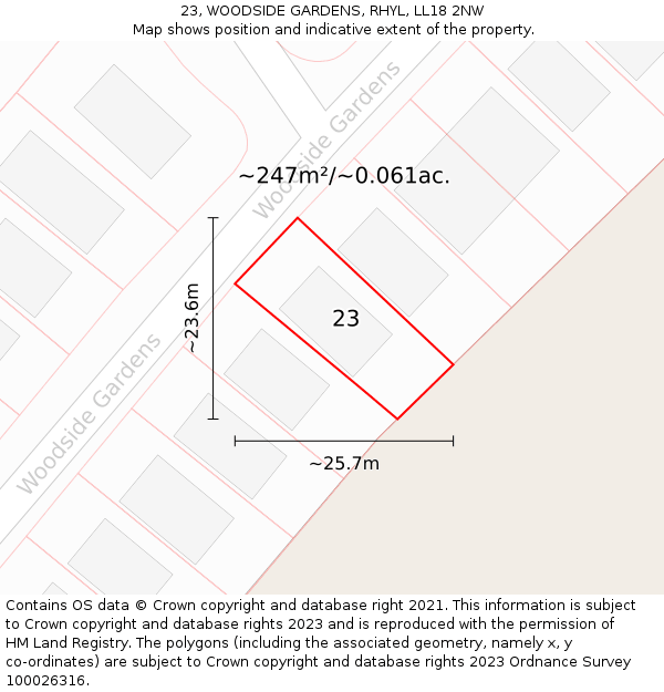 23, WOODSIDE GARDENS, RHYL, LL18 2NW: Plot and title map