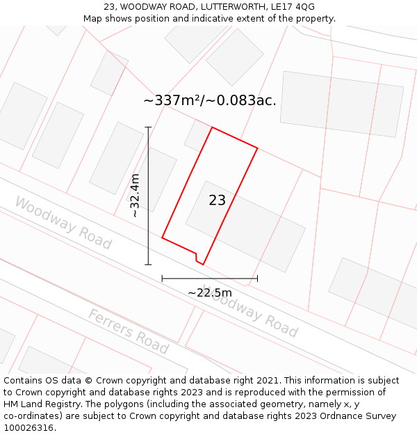 23, WOODWAY ROAD, LUTTERWORTH, LE17 4QG: Plot and title map