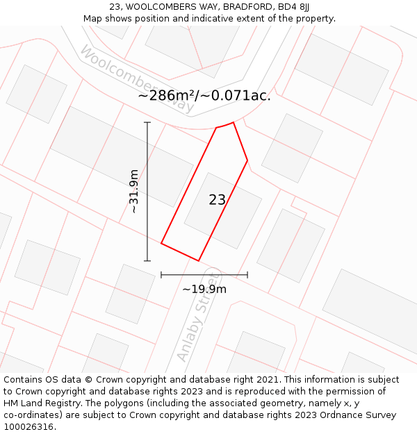 23, WOOLCOMBERS WAY, BRADFORD, BD4 8JJ: Plot and title map