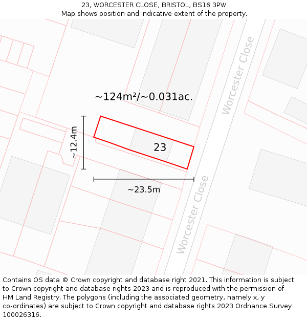 23, WORCESTER CLOSE, BRISTOL, BS16 3PW: Plot and title map