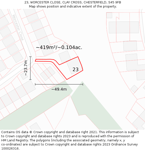23, WORCESTER CLOSE, CLAY CROSS, CHESTERFIELD, S45 9FB: Plot and title map