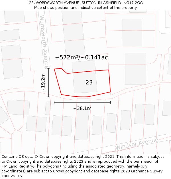 23, WORDSWORTH AVENUE, SUTTON-IN-ASHFIELD, NG17 2GG: Plot and title map