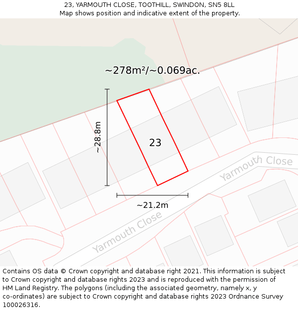 23, YARMOUTH CLOSE, TOOTHILL, SWINDON, SN5 8LL: Plot and title map