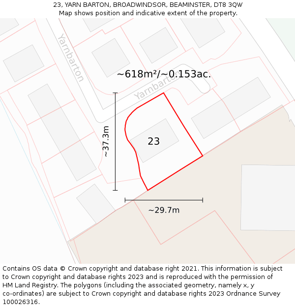 23, YARN BARTON, BROADWINDSOR, BEAMINSTER, DT8 3QW: Plot and title map