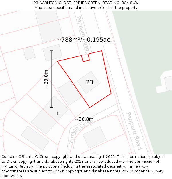 23, YARNTON CLOSE, EMMER GREEN, READING, RG4 8UW: Plot and title map