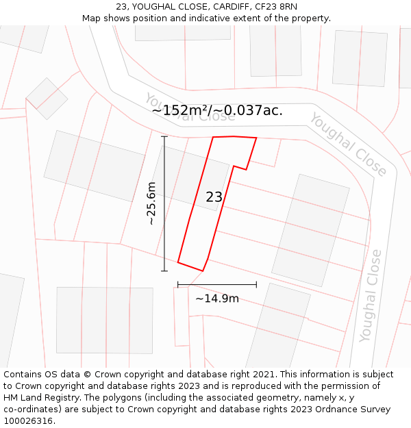 23, YOUGHAL CLOSE, CARDIFF, CF23 8RN: Plot and title map