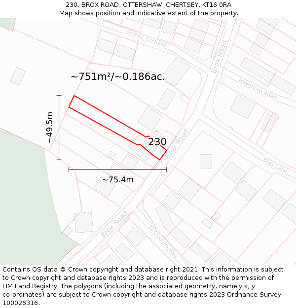 230, BROX ROAD, OTTERSHAW, CHERTSEY, KT16 0RA: Plot and title map