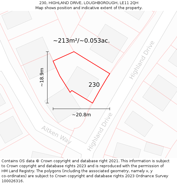 230, HIGHLAND DRIVE, LOUGHBOROUGH, LE11 2QH: Plot and title map