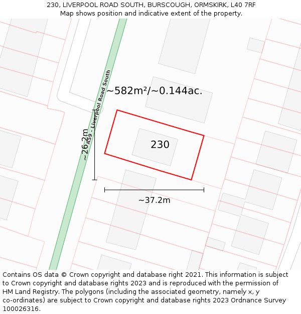 230, LIVERPOOL ROAD SOUTH, BURSCOUGH, ORMSKIRK, L40 7RF: Plot and title map