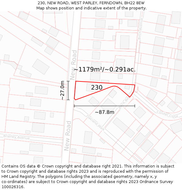 230, NEW ROAD, WEST PARLEY, FERNDOWN, BH22 8EW: Plot and title map