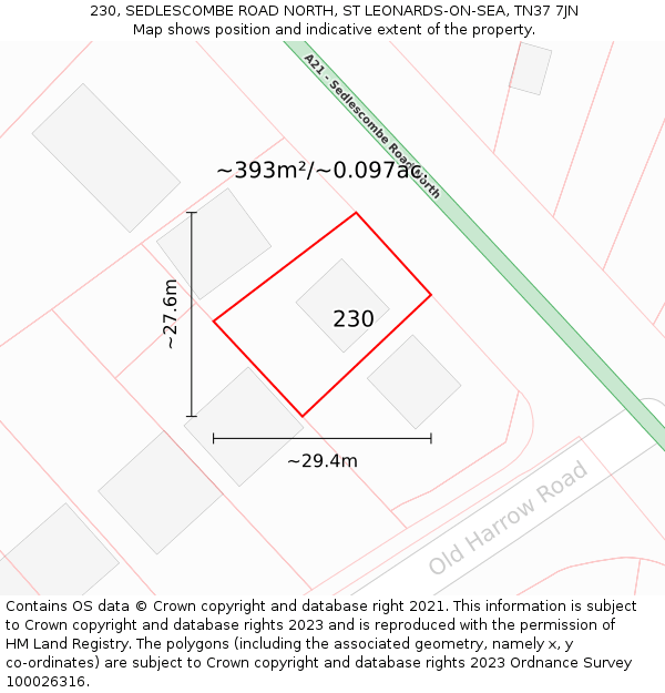 230, SEDLESCOMBE ROAD NORTH, ST LEONARDS-ON-SEA, TN37 7JN: Plot and title map