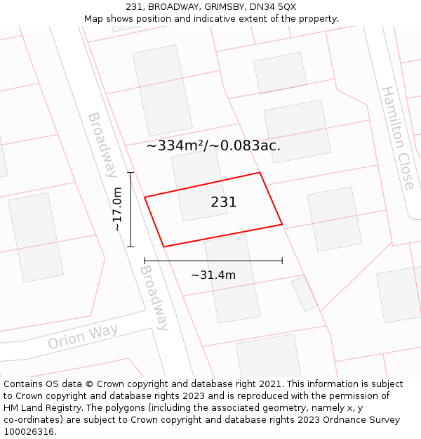 231, BROADWAY, GRIMSBY, DN34 5QX: Plot and title map