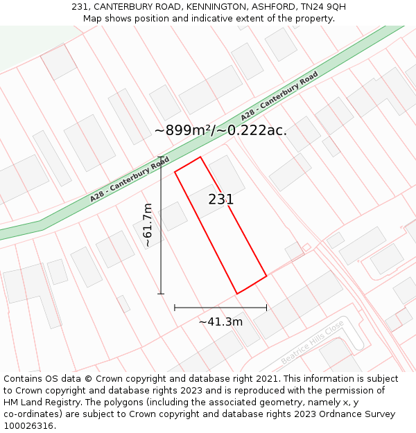 231, CANTERBURY ROAD, KENNINGTON, ASHFORD, TN24 9QH: Plot and title map