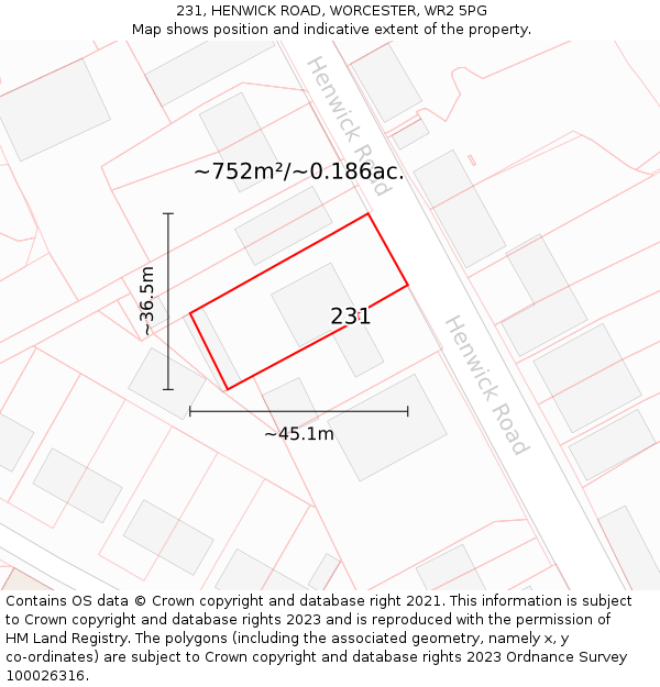 231, HENWICK ROAD, WORCESTER, WR2 5PG: Plot and title map